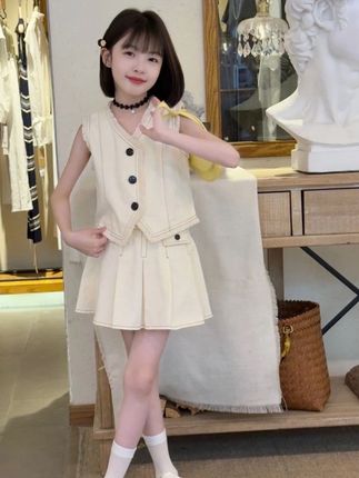女童2025新款甜酷套装气质无袖毛边背心上衣夏季半身裙小香风套装#夏天连衣裙 #少女感夏日ootd #好看的连衣裙 #生女儿就是用来打扮 #穿出你的时尚你的感觉