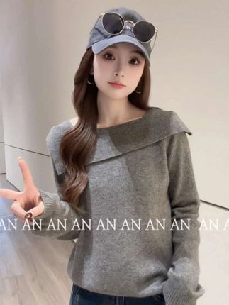 C09251韩系气质宽松显瘦设计感翻领一字肩纯色长袖针织衫#百搭上衣#气质穿搭#秋冬穿搭#一字肩上衣