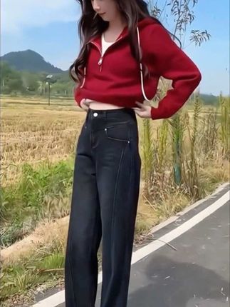 2025早秋新款黑色牛仔裤女大码显瘦窄版直筒拖地裤遮肉减龄阔腿裤#直筒拖地裤#阔腿裤#直筒裤#显高显瘦显腿长#早秋中性风穿搭