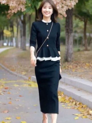 25秋季流行穿搭高级感气质荷叶边长袖连衣裙女黑色显瘦假两件裙子