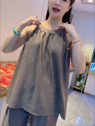 休闲慵懒条纹吊带长裤睡衣套装女士显瘦时尚夏季薄款ins风家居服#家居服 #睡衣