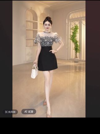 【显瘦定制】法式短裙拼接扎花千金风连衣裙宴会名媛小众显瘦21499##新款连衣裙 #法式裙装高级感 #显瘦连衣裙 #秀出好身材 #显瘦遮肉