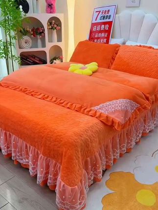 冬季加厚双面绒床盖四件套 #床盖四件套#公主风加厚双面绒四件套#蕾丝花边,纯色双面绒床盖