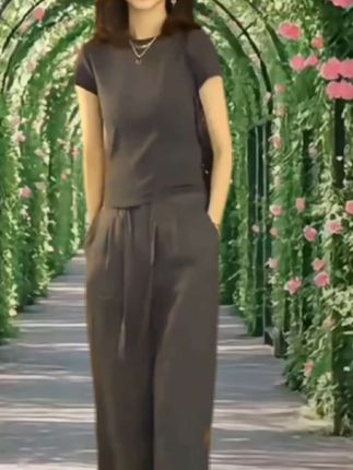 干练气质女装套装2025年夏装新款小个子时尚休闲宽松阔腿裤两件#新款上新 #干练气质 #时尚穿搭