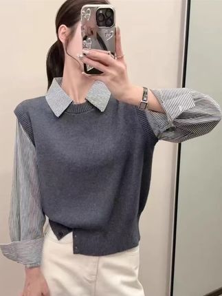 #上衣 #针织毛衣 #假两件 #胖瘦都能穿 #休闲减龄穿搭 @DOU+小助手 @DOU+上热门 @抖音小助手 2025针织拼接假两件毛衣秋冬慵懒高级感针织衫上衣