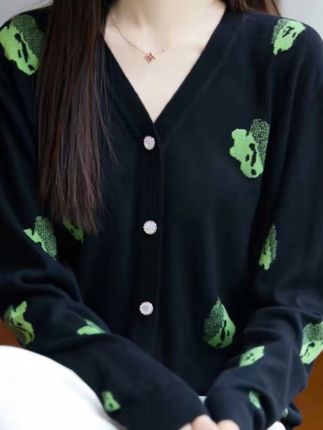 哥弟阿玛施正品秋季提花精纺毛针织开衫外套女宽松长袖V领上衣薄
