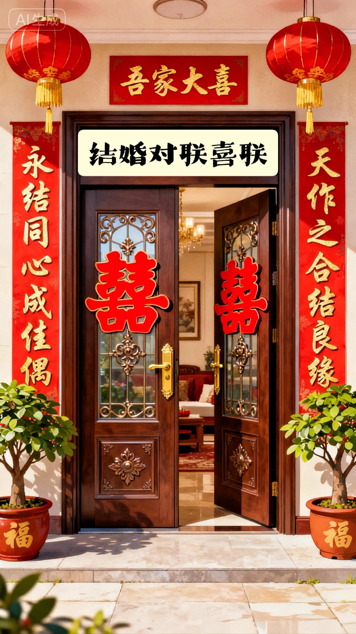 结婚别忘了备好对联喜联呦。喜字贴门楣,良缘天作合,笑语传街巷,同心乐满阁#创作灵感 #红色喜庆 #喜联#结婚对联 #备婚日常