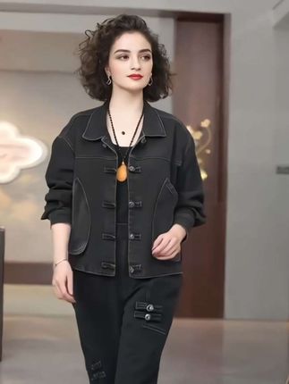 春秋牛仔妈妈两件套宽松遮肚时尚减龄#套装显瘦穿搭 #时尚潮流穿搭