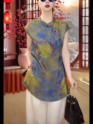 时尚轻奢高级感印花短袖衬衫2025夏季新款盘扣立领国风中长款 #国风古韵 #时尚减龄穿搭 #新中式#中长款衬衫#气质优雅@DOU+小助手