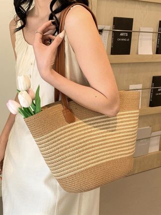 大号草编大容量托特海边休闲度假女新款撞色水桶小众便携包@DOU+上热门