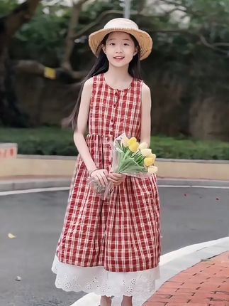 女童夏季连衣裙2025新款女孩复古红格子大童长裙儿童多巴胺叠穿裙#女童穿搭 #女童连衣裙 #连衣裙 #裙子@巨量千川 @DOU+小助手
