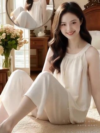 带胸垫睡衣女吊带七分裤夏季云朵棉无袖大码纯欲休闲风家居服套装#舒适家居服 #睡衣#夏季穿搭 #自带胸垫睡衣 #在家也要美美哒
