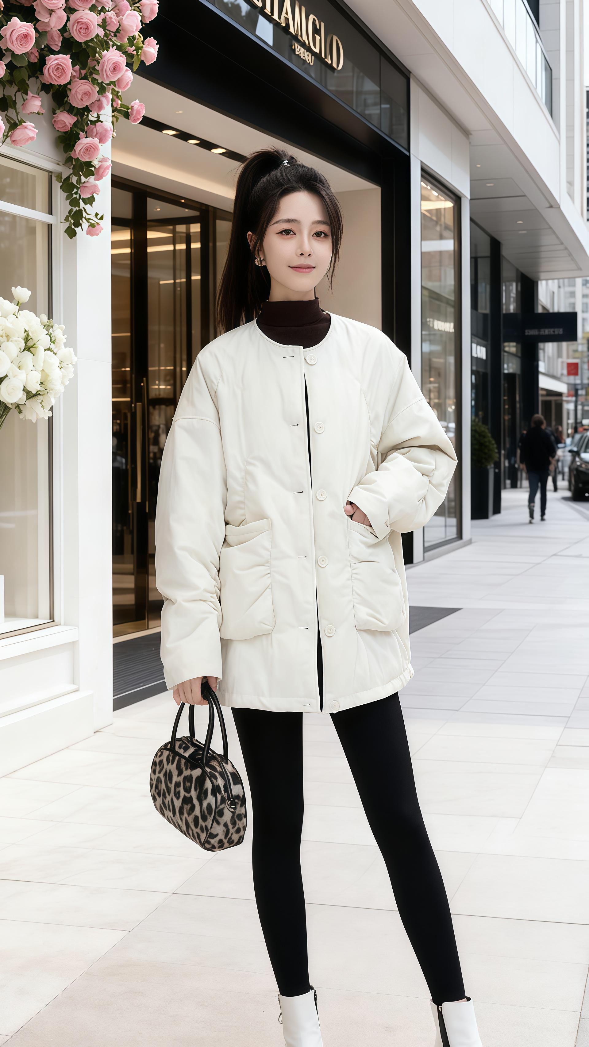 《衣袂间的四季与诗》   她的衣装,是城市写给季节的信笺。   当米白色的棉服沐着春日的柔光,在商业街的花影里轻晃,豹纹包袋是跳跃的韵脚,把都市的精致酿成一帧温柔的画。转瞬间,冬雪落满橱窗,她捧一杯暖咖,同那件棉服一起,在暖黄的光晕里,把凛冽的寒,捂成了心头的甜。   深棕的棉服裹着她,在欧式街巷的雪地上,与萨摩耶的白绒绒撞成了冬日的童话;黑色款则在飘雪的窗边,和戴红围巾的猫咪摆件呼应,将冷冽的雪天,晕染出几分俏皮的暖。   一件衣,几重色,在春的明媚、冬的清寒里流转,她是穿衣的诗人,把四季的风、城市的景,都织进了衣袂的诗行里。#外套穿搭 #高级又好看#时尚不过时#美丽大方