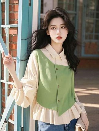 法式牛油果绿假两件衬衫,女春秋新款,拼接泡泡袖衬衣,荷叶边上衣