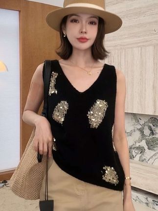 亮片高级感针织背心女黑金设计马甲上衣气质显瘦通勤#高级感穿搭 #辣妹穿搭 #百搭上衣 #简约穿搭 #时髦穿搭