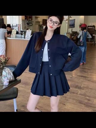 春季甜美可爱棒球服上衣高腰A字版百褶短裙套装#面料柔软舒适 #时尚百搭好看又实惠 #减龄气质