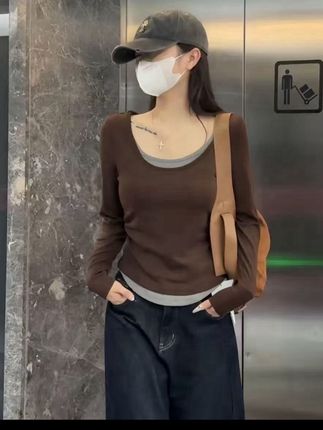 2025新款秋季撞色假两件长袖圆领T恤设计感百搭打底衫女上衣#撞色假两件 #收腰T恤 #秋季新品