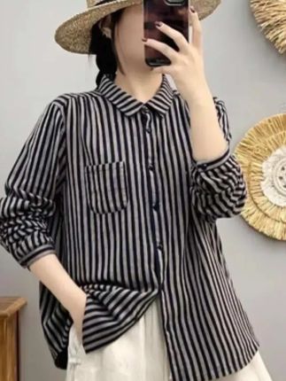 秋季新款纯棉条纹吸汗透气双层棉纱衬衫女休闲显瘦减龄上衣衬衫#女装 #高级感穿搭 #慵懒风穿搭 #百搭上衣 #减龄气质