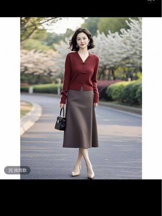 秋季新款减龄新中式V领盘扣长袖针织衫时尚高腰半身裙两件套装女#女装时尚穿搭 #好物推荐🔥