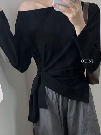 韩系下摆不规则开叉收腰设计感长袖T恤女2025显瘦百搭斜肩上衣#女装 #今日穿搭 #高级感穿搭