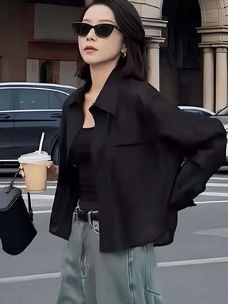 黑色高级感衬衫女款薄款2025夏季新款户外百通勤透气时尚长袖上衣#高级感穿搭 #ootd穿搭 #时尚气质穿搭 #百搭上衣 #简约穿搭 @DOU+小助手