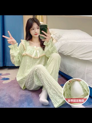 带胸垫春秋季云朵棉睡衣女提花公主宽松甜美宫廷风长袖家居服套装#面料柔软舒适#时尚百搭#遮肉显瘦 #谁穿谁好看#简约休闲时尚