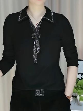 秋季新款时尚新潮风烫钻上衣长袖上衣打底衫小衫#气质穿搭 #高级穿搭 #优雅气质 #重工刺绣 #中年女装穿搭