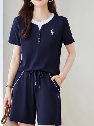 【两件套装精梳棉时尚休闲运动#夏季套装圆领女士宽松百搭夏装短裤女装#显瘦#时尚#百搭#