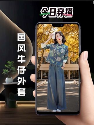 #早秋穿搭三分钟出门不是梦 #国风印花牛仔套装 #复古盘扣阔腿裤裤两件套 #新中式两件套 #国风套装