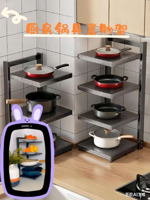 宝子们!厨房锅具多到没地儿放?这款锅架置物架来救场啦~多层设计,不管是炒锅、汤锅还是平底锅,都能整整齐齐摆上去,轻松利用垂直空间,让厨房台面瞬间清爽。稳固性也很绝,承重力强,放再重的锅都不晃。安装还简单,自己动手分分钟搞定。有了它,厨房收纳不再愁,做饭都更有劲儿啦~#厨房必备神器 #收纳整理 #厨房置物架 #结实耐用 #超实用
