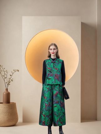 #国风提花马甲阔腿裤