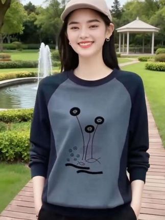 啄木鸟正品女士长袖拼接T恤新款百搭圆领卫衣半拉链内衬正肩上衣