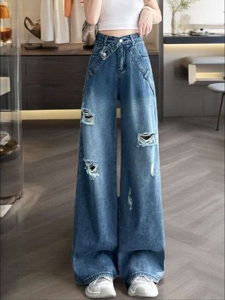 #夏季新款女裤#破洞牛仔裤#辣妹穿搭#又美又飒 #显高显瘦显腿长