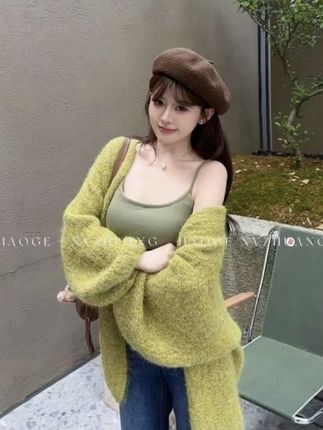 【浠儿姐姐】休闲甜美纯欲开衫灯笼袖宽松秋冬落肩袖设计感毛针织衫#针织开衫#纯欲风开衫#秋冬款开衫#休闲开衫#设计感上衣