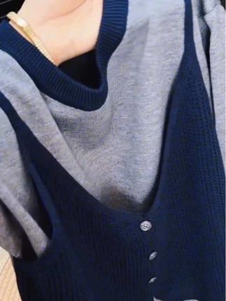 韩系长袖圆领单排扣拼色灰色假两件女2025早秋简约时尚百搭针 #创作灵感 #早秋长袖圆领假两件针织衫 #时尚潮流穿搭