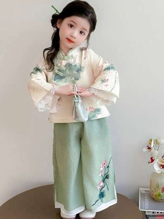 女童汉服套装秋装新款儿童国风春秋裤子两件套新中式古风套装#生女儿就要这样穿 #高品质童装 #春秋穿搭 #萌娃穿搭 #女童汉服