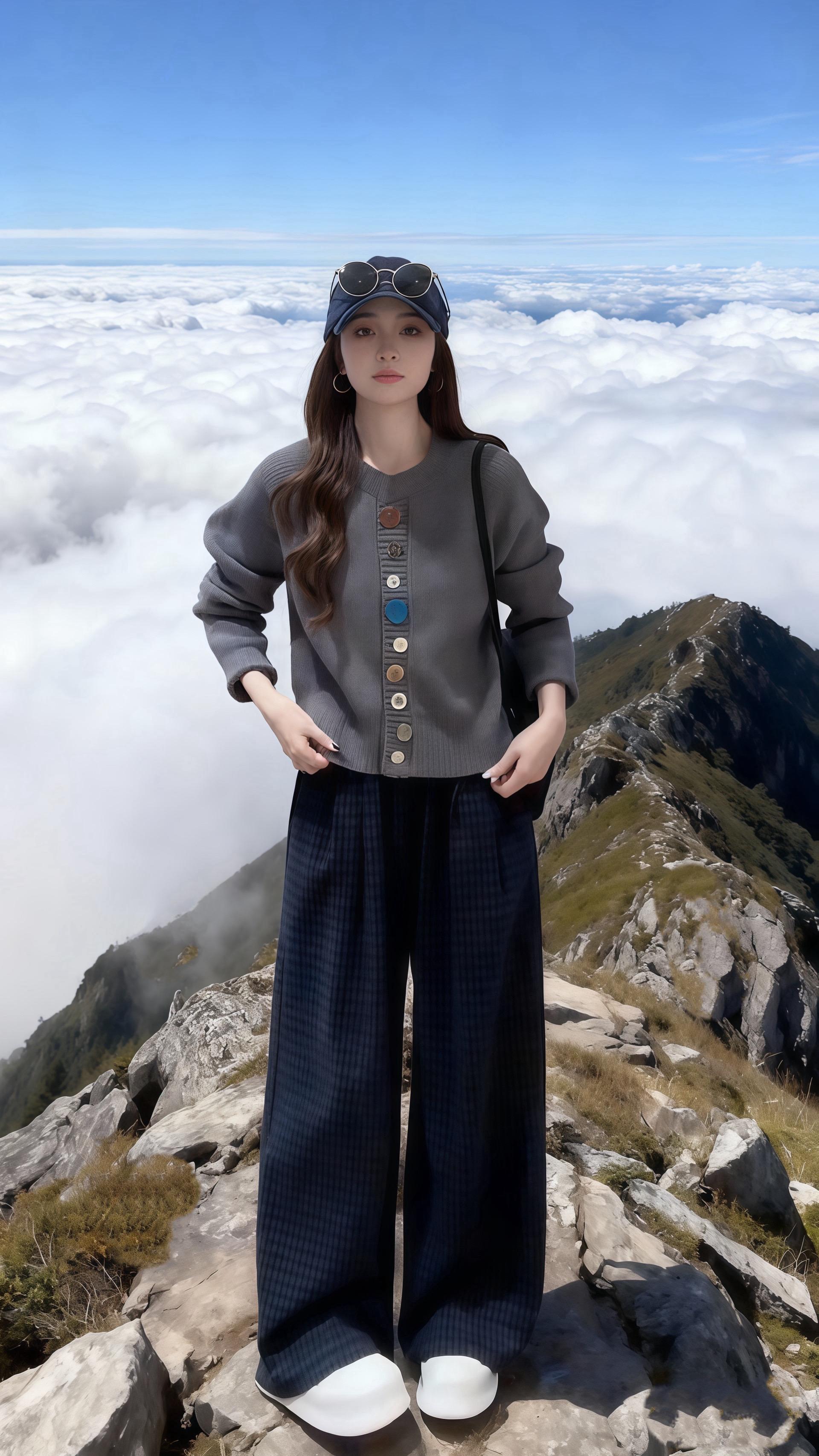 ⛰️ 山野间的复古休闲风,舒适与时髦并存的秋日穿搭! 灰色针织开衫太有设计感了,彩色纽扣点缀其中,瞬间打破单调,复古又俏皮。搭配藏蓝色格纹阔腿裤,宽松的版型走起路来带风,还能巧妙修饰腿型,舒适感拉满。 再来一顶藏蓝棒球帽,配上复古墨镜,休闲感直接拉满,脚上的白色厚底鞋,增添了几分随性,让整体造型更具活力。 在云海山峦的背景下,这套穿搭既适合户外探索,又能轻松出片,主打一个自在又有格调的山野氛围感~ #帽子一戴谁都不爱 #出游穿搭 #休闲百搭 #春秋穿搭 #个性穿搭 @DOU+小助手 @DOU+上热门