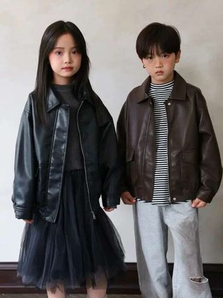 儿童皮衣外套2025春秋新品男女童纯色翻领皮夹克男宝宝韩版机车服#儿童皮衣推荐#男女童纯色翻领夹克#儿童机车服#潮童必备 #高品质童装