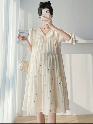 孕妇装2025夏季宽松显瘦甜美刺绣孕妇连衣裙中长款高级气质#一个心跳两个生命 #孕期穿搭孕妇装 #连衣裙