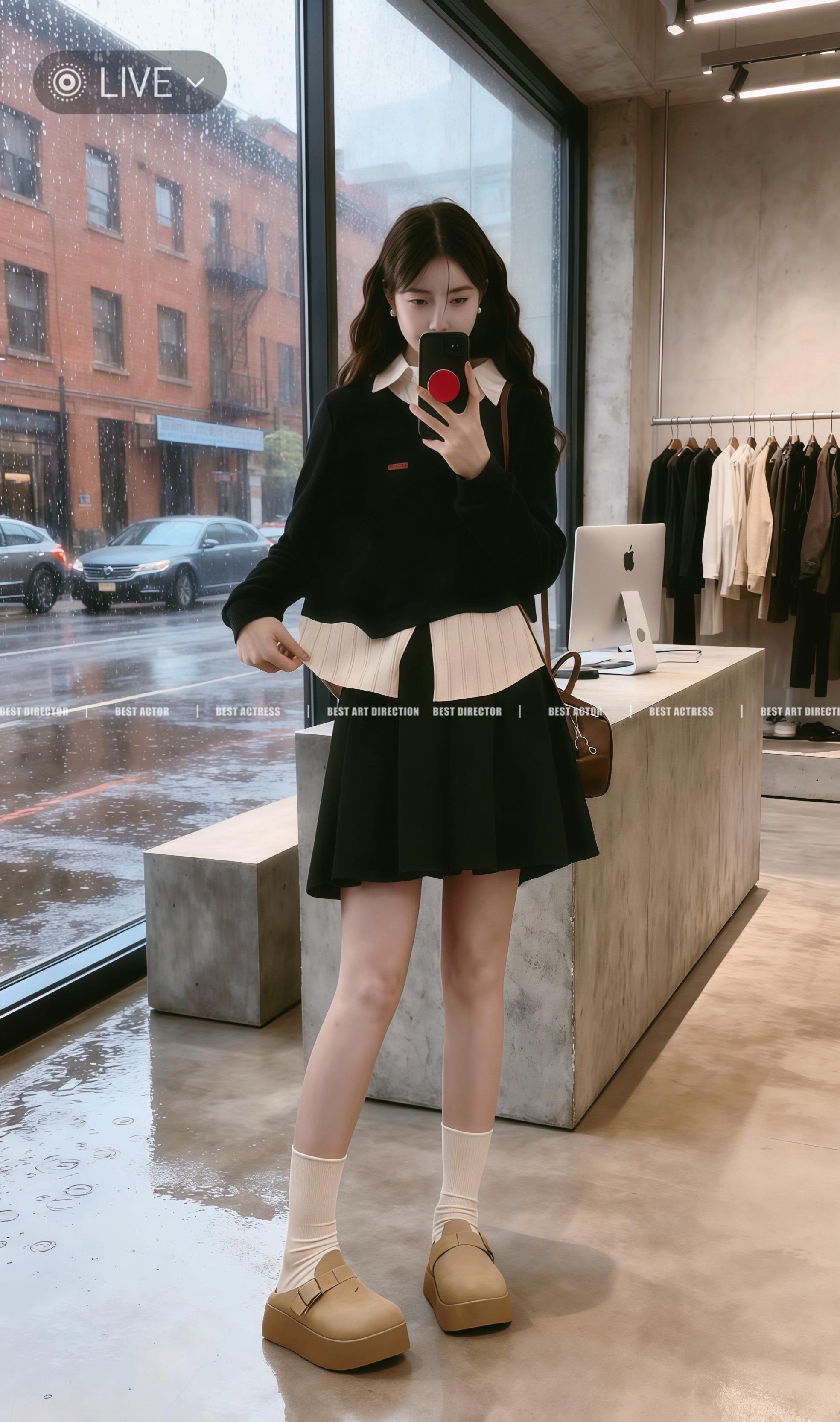 林薇推开“素界”服装店的玻璃门时,雨珠正噼里啪啦地砸在街面,溅起的水花在红砖建筑的倒影里碎成涟漪。店里的水泥地面泛着冷调的光,与她脚上那双棕褐色厚底乐福鞋形成奇妙的呼应。 她习惯性地举起手机,镜头先捕捉到自己身上的穿搭——黑色短款卫衣叠穿米白条纹衬衫,领口的弧度像是精心设计的对话,下身的黑色百褶裙随着她的动作轻轻晃动,最后才将镜头缓缓移向窗外的雨天街景,还有店内那排挂着风衣与连衣裙的金属挂架,以及水泥展示台上亮着苹果标志的电脑。#我的ootd穿搭 #梨形身材穿搭 #通勤搭配 #黑色系穿搭 #小个子穿搭 @DOU+小助手 @DOU+上热门
