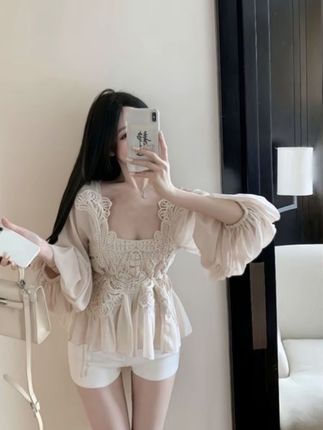 蕾丝拼接法式泡泡袖雪纺衬衫女夏季设计感小众超仙衬衣#浪漫法式仙女裙 #甜美风穿搭 #气质仙女裙穿搭 #甜美穿搭 #今日穿搭
