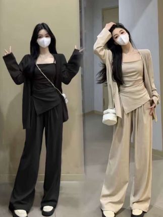 大码春秋胖mm巨显瘦套装吊带外披长裤休闲三件套女洋气穿搭一整套#好物分享🔥