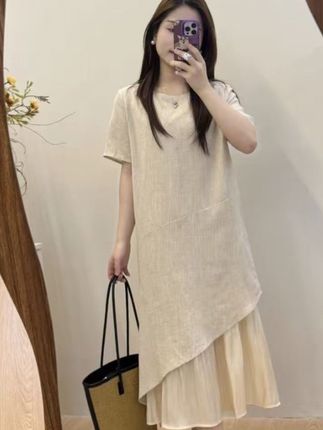 小个子亚麻短袖夏季拼接套头中长裙新中式休闲舒适百搭宽松连衣裙#夏季穿搭 #女装 #显高显瘦 #温柔通勤女装