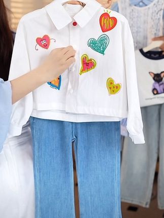 #高品质童装 #春秋新款 【100%棉•公主娃娃衫套装】女童时髦纯棉衬衫牛仔裤两件套新欧若风