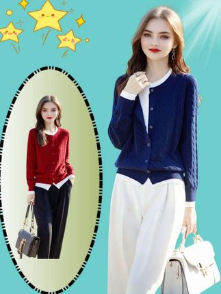 #时尚休闲穿搭 #开衫穿搭 #针织开衫 #气质穿搭 #气假两件女士针织开衫,秋冬外搭圆领长袖上衣