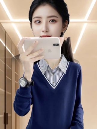 【洋气假两件Polo领上衣打底小衫2025新款春秋宽松长袖T恤灰色卫衣】#洋气假两件上衣#气质减龄穿搭 #多色可选#春秋穿搭