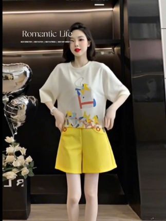 高含棉时尚运动服套装女2025年夏季新款#多巴胺穿搭上衣短裤两件套