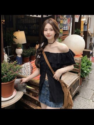 微胖MM女装夏季一字肩上衣显瘦短袖女款爆款2025新款衬衫蕾丝上衣#夏季穿搭 #夏季新款 #蕾丝上衣#一字肩上衣 #精致穿搭