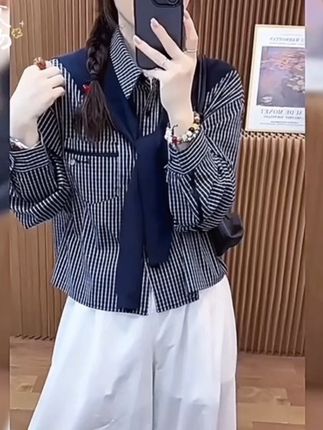 2025早秋新款韩版时尚百搭休闲格子衬衫#女设计感衬衣披肩长袖上衣#时尚简约#谁穿谁好看系列