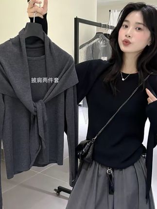2025新款早秋韩版配披肩圆领毛衣针织衫毛衣女秋季百搭上衣#今日穿搭 #穿搭分享 #圆领上衣